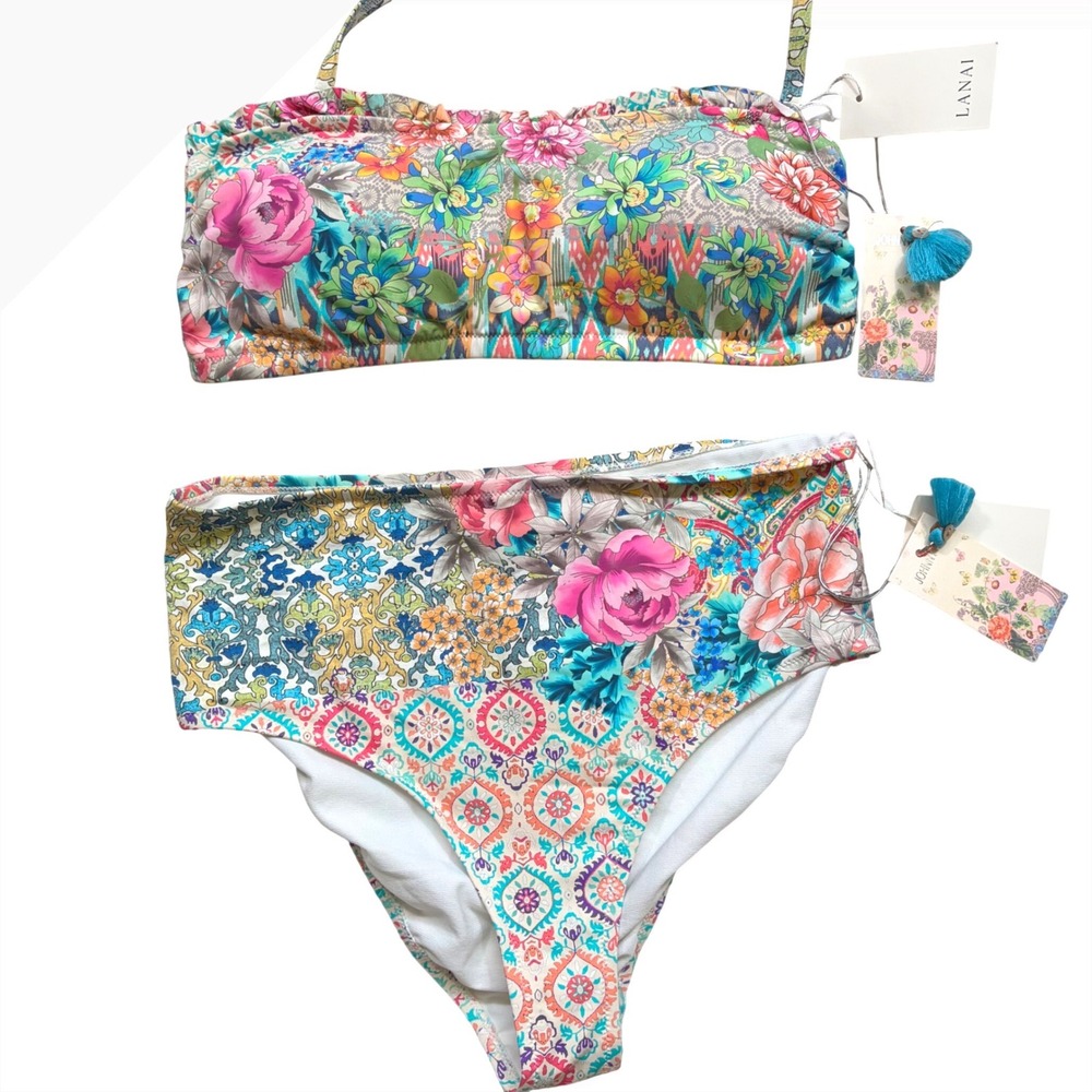 Johnny Was Pearce Bandeau Top & High Waist Bottom Bikini Set Multi L CSW9221-N